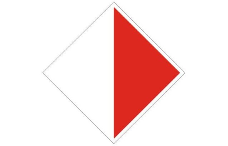 Plavební znak A10b - Zákaz plavby mimo vyznačený prostor (v mostních otvorech nebo v jezovém poli) Plavební znak A10b - Zákaz plavby mimo vyznačený prostor (v mostních otvorech nebo v jezovém poli)